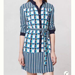 Anthropologie Maeve mini shirt dress Womens 6 geometric blue white preppy spring